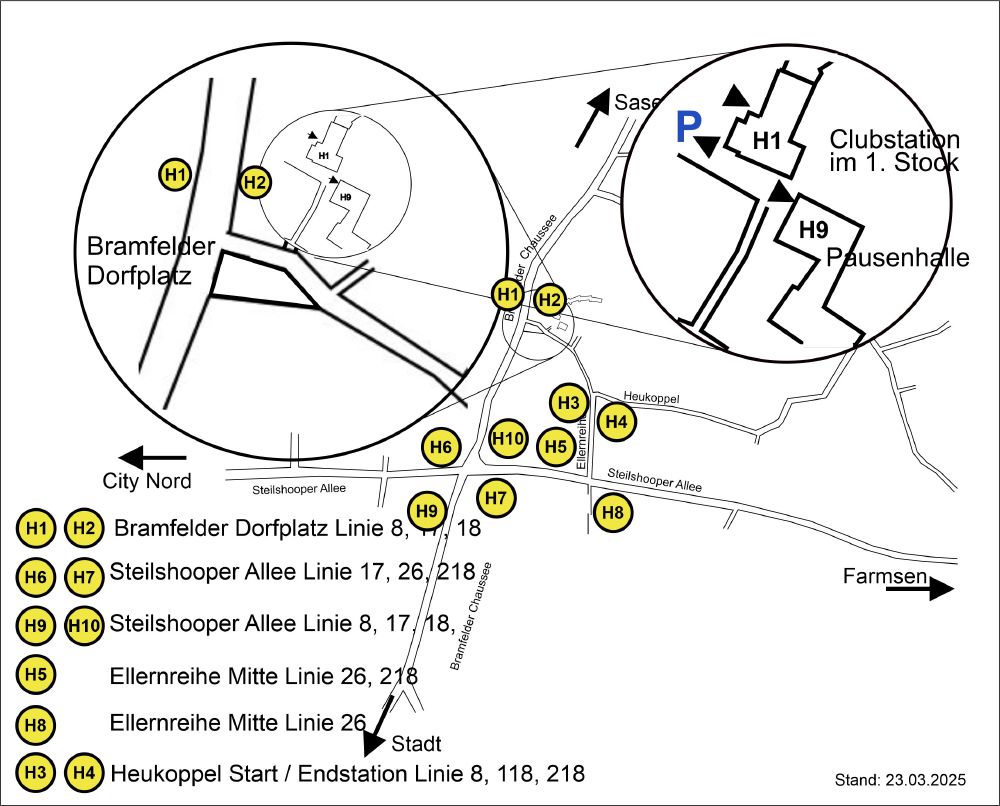 Anfahrtsskizze zur Stadtteilschule Bramfeld: Bushaltestellen H1 bis H10 mit Buslinien rund um den Bramfelder Dorfplatz, Parkplatz sowie Lage von Clubstation (Haus 1) und Pausenhalle (Haus 9)