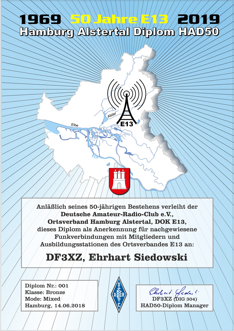 Musterexemplar des Diploms HAD50: Hamburg-Karte mit Antennensymbol E13, überschrieben mit 1969 – 50 Jahre E13 – 2019, Hamburg Alstertal Diplom HAD50