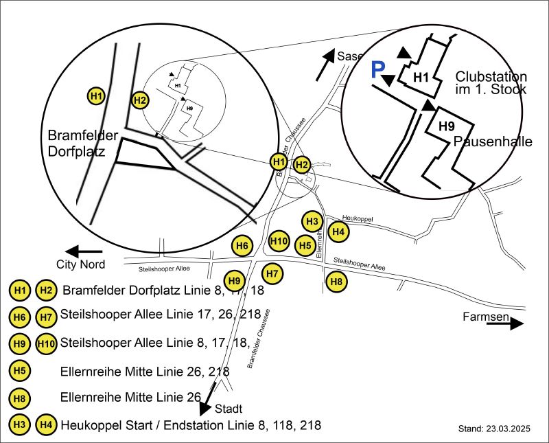 Anfahrtsskizze zur Stadtteilschule Bramfeld: Bushaltestellen H1 bis H10 mit Buslinien rund um den Bramfelder Dorfplatz, Parkplatz sowie Lage von Clubstation (Haus 1) und Pausenhalle (Haus 9)